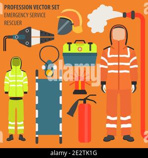 Profession et profession. Équipement du secouriste, personnel de service d'urgence uniforme conception plate icône.illustration vectorielle Illustration de Vecteur