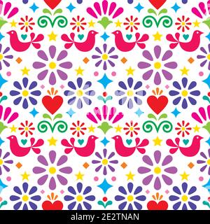 Motif vectoriel d'art folklorique mexicain sans couture, textile coloré avec imprimé fleurs, oiseaux et coeurs Illustration de Vecteur