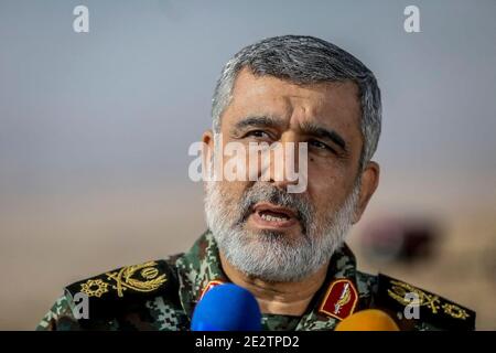 Iran, Iran. 15 janvier 2021. Le corps des Gardiens de la révolution (IRGC) le chef du corps des Gardiens de la révolution Amir Ali Hajizadeh, commandant de la Force aérospatiale, a parlé à la télévision iranienne d'un lancement de missiles au cours d'un exercice militaire dans un endroit inconnu du centre de l'Iran. Photo de SalamePix/ABACAPRESS. Credit: Abaca Press/Alay Live News Banque D'Images