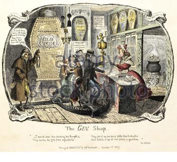 The Gin Shop, un croquis satirique sur les dangers de la consommation d'alcool, illustration ancienne de 1829 Banque D'Images