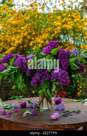 Un bouquet de lilas pourpres dans un vase sur une table blanche avec des fleurs jaunes en arrière-plan Banque D'Images