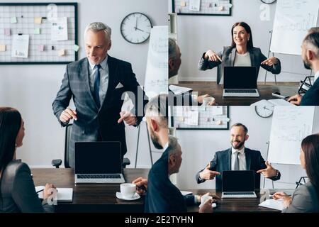 Collage d'hommes d'affaires souriants qui pointent vers un ordinateur portable avec écran vierge près de collègues sur un premier plan flou dans le bureau Banque D'Images