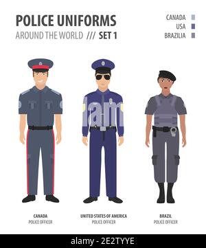 Uniformes de police partout dans le monde. Costume, vêtements de police américaine ensemble d'illustrations vectorielles Illustration de Vecteur