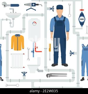 Profession et profession modèle sans couture. Plomber les outils et l'équipement. Conception plate uniforme. Illustration vectorielle Illustration de Vecteur