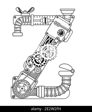Livre de coloriage vectoriel pour adultes. Police steampunk. Alphabet mécanique composé d'engrenages métalliques et de divers détails sur fond blanc. Lettre Z Banque D'Images