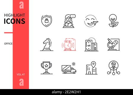 Office concept - jeu d'icônes de style design de ligne. Thèmes commerciaux et financiers. Sécurité, médias sociaux, mission, stratégie, gestion du temps, modes de paiement Illustration de Vecteur
