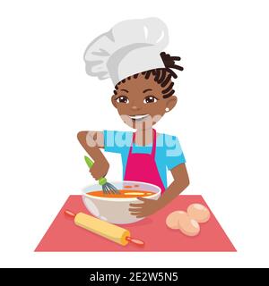 Une adolescente afro-américaine prépare un repas dans un chapeau de chef. Une femme chef est un chef pâtissier. Illustration de dessin animé vectoriel sur fond blanc. Illustration de Vecteur