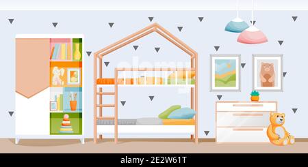 Chambre moderne et lumineuse pour enfants avec lits superposés, armoire et jouets. Intérieur de la salle de jeux pour enfants. Illustration de dessin animé à plan vectoriel. Décor contemporain Illustration de Vecteur