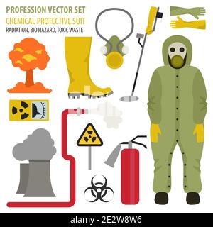 Profession et profession. Combinaison de protection chimique plate Icon. Le secouriste élimine les radiations et les déchets toxiques. Illustration vectorielle Illustration de Vecteur