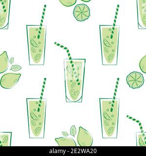 Fond transparent à motif vectoriel de paille et verre limonade. Décor vert rétro blanc avec verres à boissons, pailles, agrumes Illustration de Vecteur