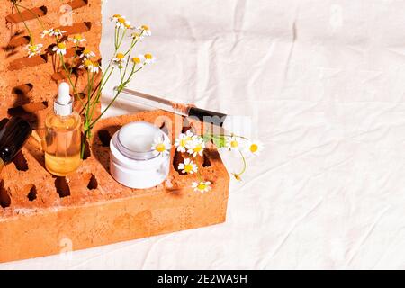 Briques rouges podium pour la publicité des produits cosmétiques avec des fleurs de camomille. Verre d'essence ou de sérum hydratant et camomille. Renfort en tissu beige Banque D'Images