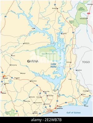 Carte vectorielle du plus grand réservoir du monde, le lac Volta, Ghana Illustration de Vecteur