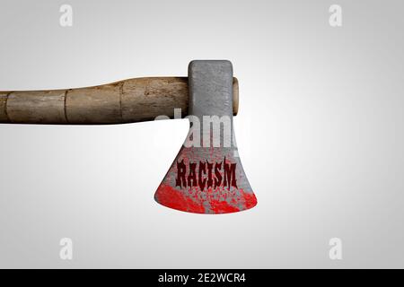 AX avec le mot racisme écrit dessus avec le sang démontrant le danger de racisme et le concept de risque de discrimination. Illustration 3D Banque D'Images