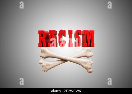 Racisme lettres avec des Crossbone démontrant le danger de racisme et la discrimination risque ou la mort concept. Illustration 3D Banque D'Images