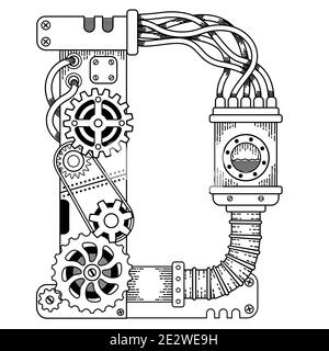 Livre de coloriage vectoriel pour adultes. Police steampunk. Alphabet mécanique composé d'engrenages métalliques et de divers détails sur fond blanc. Lettre majuscule D Illustration de Vecteur