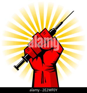 Concept de vaccination contre le coronavirus dans un style rétro. Le poing rouge fort tient une seringue avec un vaccin contre le fond du soleil levant. Vecteur bande dessinée Illustration de Vecteur