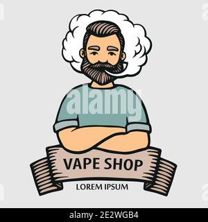 Logo VAPE. Taille basse dessinée à la main avec moustache et barbe. Homme avec un singe et un nuage isolés sur un arrière-plan vectoriel blanc. Cigarette électronique. Vecteur Illustration de Vecteur