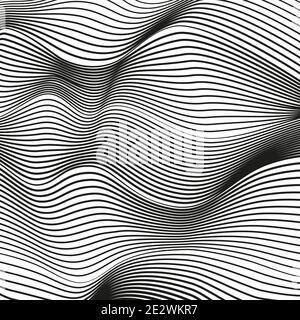 Arrière-plan abstrait déformé et ondulé. Illusion conceptuelle moderne en noir et blanc. Lignes de squiggle vectorielles, effet optique. Modèle scientifique de tissage. EPS10 Illustration de Vecteur