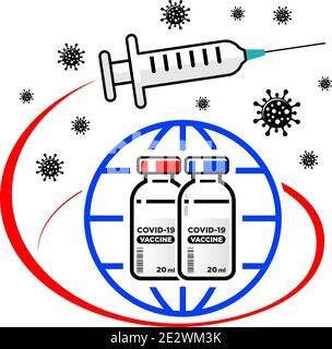 Concept global de vaccination contre le coronavirus. Une seringue médicale avec aiguille vole en orbite autour de la Terre, entourée de virus. Flacons avec le médicament wi Illustration de Vecteur