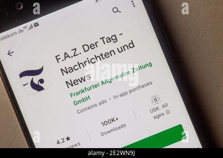 Neckargemuend, Allemagne: 15 janvier 2021: Icône de l'application du magazine allemand de nouvelles 'FAZ', Frankfurter Allgemeine dans le magasin d'applications google sur téléphone crie Banque D'Images