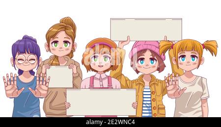 groupe de quatre filles mignons manga anime scénario illustration Illustration de Vecteur