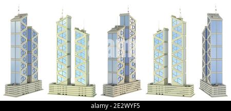 Ensemble de 5 rendus de conception fictive bâtiments futuristes hauts de deux tours en cristal avec reflet du ciel - isolé sur blanc, divers côtés de vue 3d il Banque D'Images