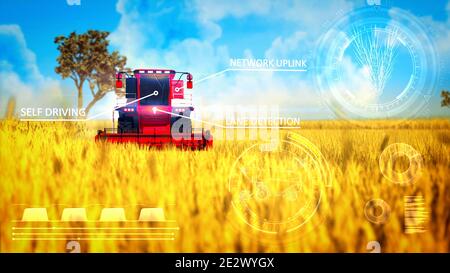 Illustration 3D industrielle avec revêtements numériques de la moissonneuse-batteuse travail sur le champ agricole Banque D'Images