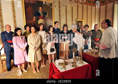 Tournage du baptême du prince Felipe de Borbon dans le film TV d'Antena 3 Productions sur la reine Sofia d'Espagne. L'histoire est basée sur la vie réelle de la reine Sofia, née en Grèce, depuis sa première rencontre avec le roi Juan Carlos jusqu'à son couronnement en novembre 1975. Photo par Almagro/ABACAPRESS.COM Banque D'Images