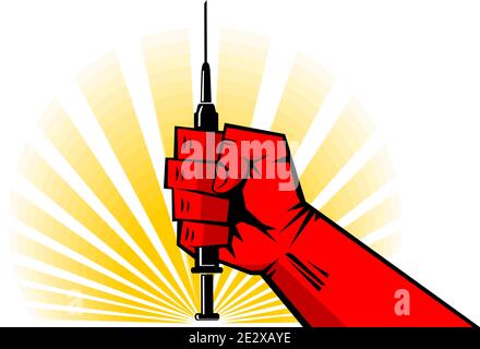 Concept de vaccination contre le coronavirus dans un style rétro. Le poing rouge fort tient une seringue avec un vaccin contre le fond du soleil levant. Vecteur bande dessinée Illustration de Vecteur
