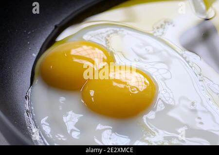 Double jaune d'œuf frit cuisant dans l'huile dans une poêle. Les jaunes doubles sont assez rares et se produisent approximativement un sur 1,000 oeufs. Banque D'Images