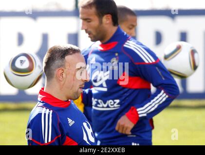 Franck Ribery, joueur de l'équipe nationale de football de France, lors d'une session d'entraînement à Tignes, Alpes françaises, France, le 20 mai 2010, dans le cadre de leur entraînement en altitude en vue de la coupe du monde de football 2010 en Afrique du Sud. La France jouera l'Uruguay à Capetown dans son groupe UN match d'ouverture le 11 juin, le Mexique à Polokwane le 17 juin et l'Afrique du Sud à Bloemfontein le 22 juin. Photo de Patrick Bernard/Cameleon/ABACAPRESS.COM Banque D'Images