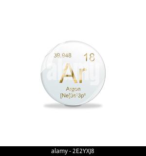 Illustration 3D, symbole d'argon - AR. Élément de la table périodique sur boule blanche avec des signes dorés. Arrière-plan blanc Banque D'Images