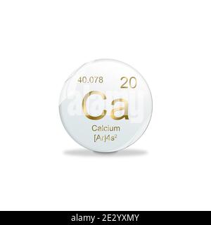 Illustration 3D, symbole calcium - env. Élément de la table périodique sur boule blanche avec des signes dorés. Arrière-plan blanc Banque D'Images