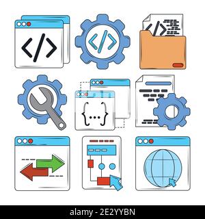 développement web logiciel numérique optimisation du moteur de recherche icônes illustration vectorielle Illustration de Vecteur