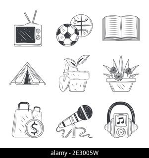 hobbies icônes ensemble, sport, tv, musique, shopping jardinage et lire l'illustration vectorielle de style esquisse Illustration de Vecteur