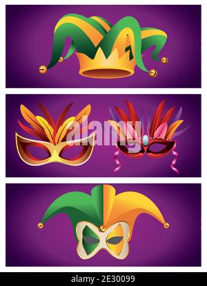 ensemble de chapeaux et de masques pour célébrer le carnaval de mardi gras icônes illustration vectorielle Illustration de Vecteur