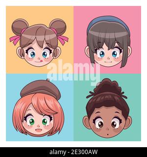 groupe de quatre belles adolescentes interraciales anime les personnages de tête illustration vectorielle Illustration de Vecteur