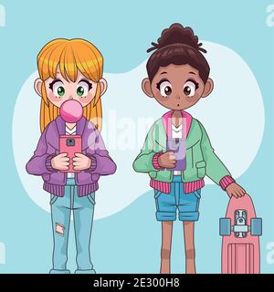 beau interracial adolescents filles couple anime caractères vecteur illustration design Illustration de Vecteur