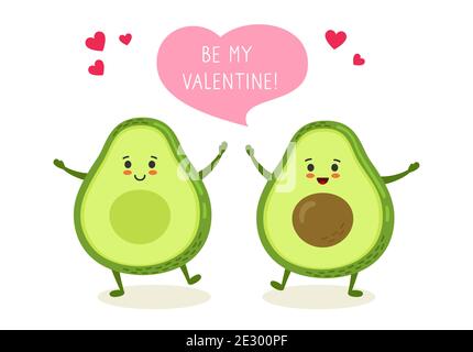 Carte de vœux Happy Saint Valentin, couple avocat avec bulle de dialogue. Dessin à la main drôle personnage de dessin animé vert kawaii avocats avec coeur rose. Illustration romantique de vecteur d'amour de bannière Illustration de Vecteur