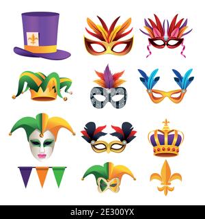 un lot de neuf célébrations du carnaval de mardi gras met en place des icônes illustration vectorielle sur fond blanc Illustration de Vecteur