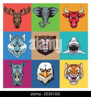 ensemble de neuf têtes d'animaux sauvages caractères vecteur illustration design Illustration de Vecteur