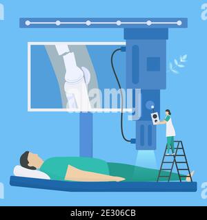 Cette acquisition médicale est radiographique. Le médecin vérifie la jambe cassée du corps humain, UNE partie du processus de travail des soins aux patients. Conception plate pour un style minimaliste. Illustration de Vecteur