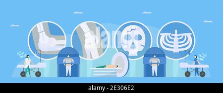 Les systèmes d'acquisition médicale incluent les rayons X, l'IRM et l'acquisition CT. Le médecin vérifie l'os du corps, comme le bras, la jambe, le crâne, la clavicule. Une partie du flux de travail du patient c Illustration de Vecteur