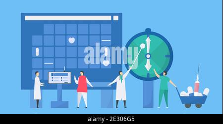 Planification du temps pour un rendez-vous avec un médecin. Examens médicaux du cœur. Obtention de médicaments. Processus de traitement des patients. Illustration vectorielle dans un style minuscule. Illustration de Vecteur