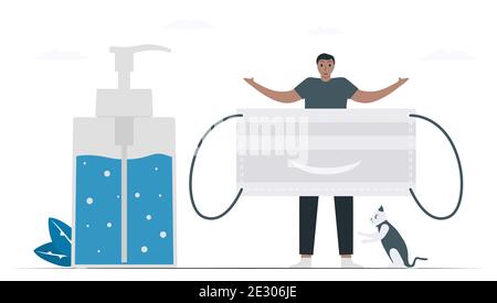 Certains dispositifs de protection de l'éclosion de coronavirus comprennent un désinfectant pour les mains et un masque. Illustration médicale isolée sur fond blanc. Illustration de Vecteur