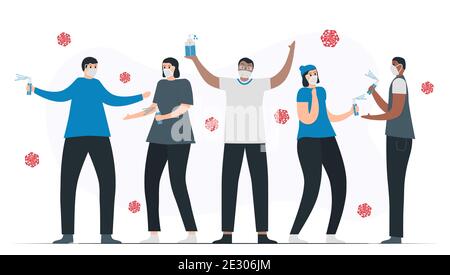 Les employés de bureau nettoient une salle de travail avec un désinfectant pour les mains. Il s'agit d'une maladie de protection comme la COVID-19, la grippe et la poussière. L'illustration vectorielle est Illustration de Vecteur