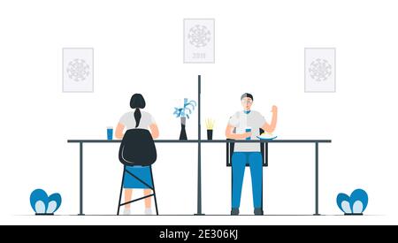 Distanciation sociale dans la cantine. Un écran séparateur en plastique sera placé entre les bureaux. Protection contre les épidémies de coronavirus. Illustrations vectorielles en fl Illustration de Vecteur
