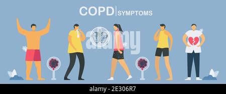 Processus principal des symptômes de la MPOC commence par forte, expectoration, fatigue, toux jusqu'à la crise cardiaque. Les poumons ont des problèmes respiratoires et un flux d'air faible. Tüpsologotiše Illustration de Vecteur