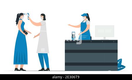 Les gens testent la température avec un thermomètre sans contact avant de se rendre au supermarché. Illustrations vectorielles sur la protection COVID-19. Illustration de Vecteur