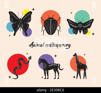 ensemble de six animaux silhouettes contemporaines icônes de la nature Illustration de Vecteur